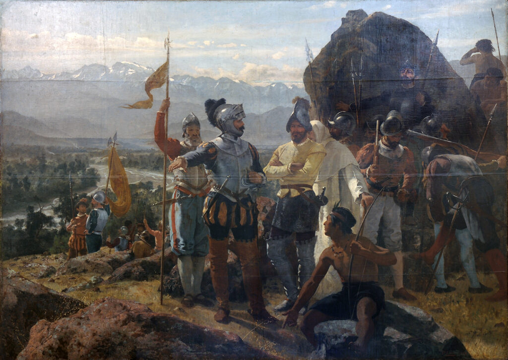 Fundación de Santiago, óleo de Pedro Lira (1888): Pedro de Valdivia y los conquistadores en el cerro Santa Lucía
