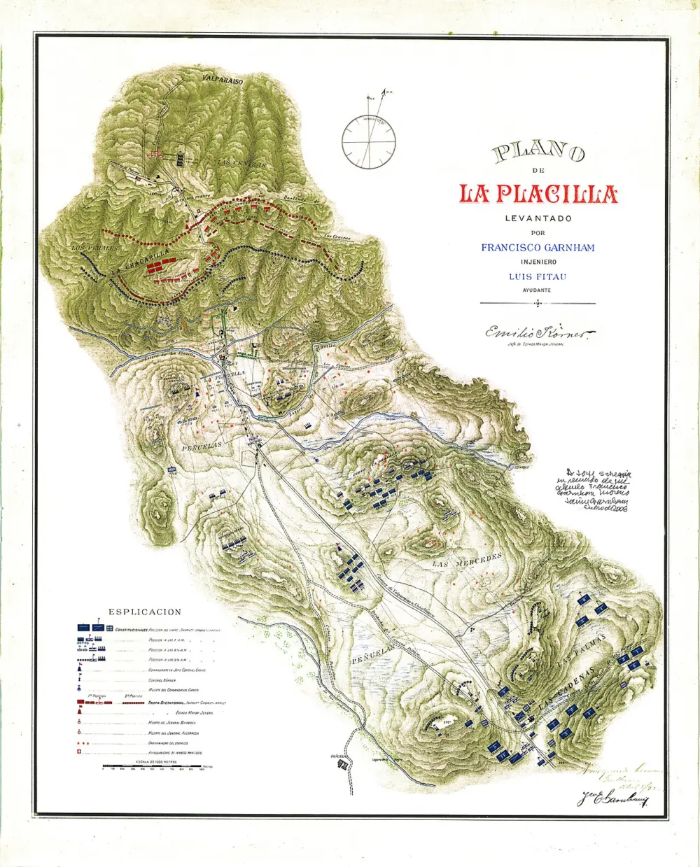 Plano histórico de la batalla de Placilla de 1891 con los cerros y las posiciones de las tropas