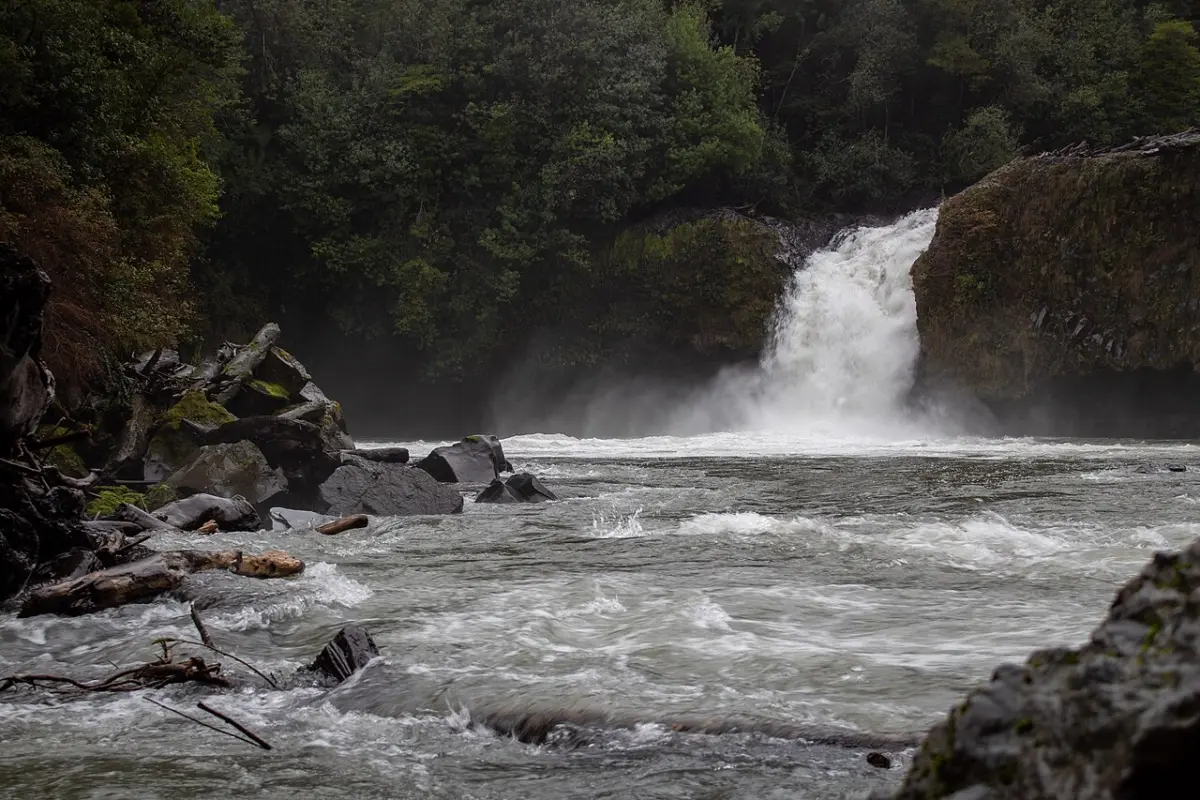 Caída de agua entre rocas y bosque en el río de un sector del Parque Nacional Puyehue