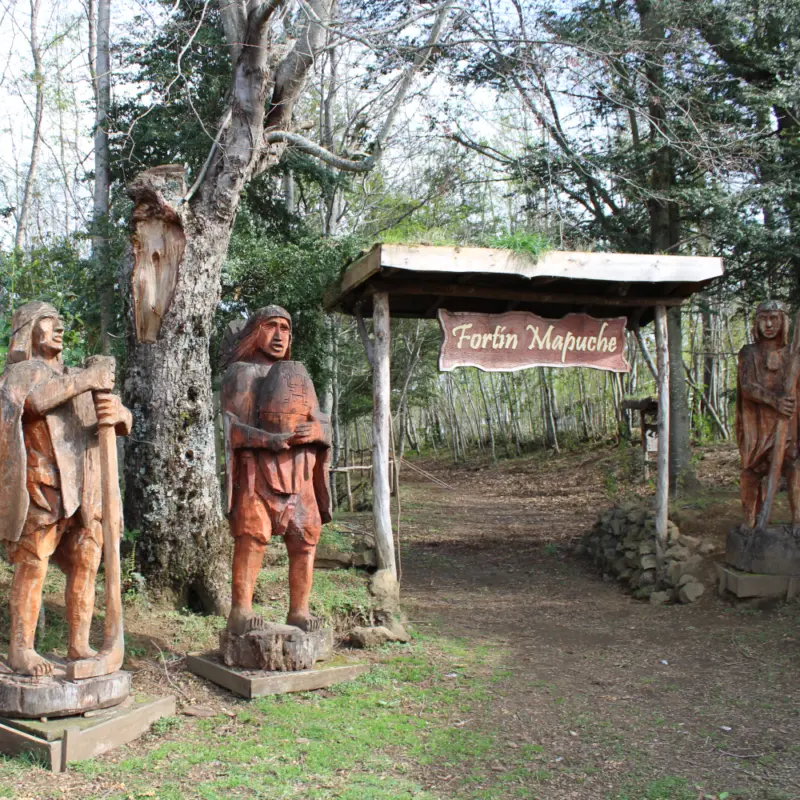 Figuras de madera llamadas chemanus en el Fortín Mapuche de Coñaripe