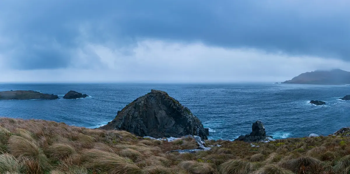 Costa rocosa y mar bajo cielo nublado en el Parque Nacional Cabo de Hornos