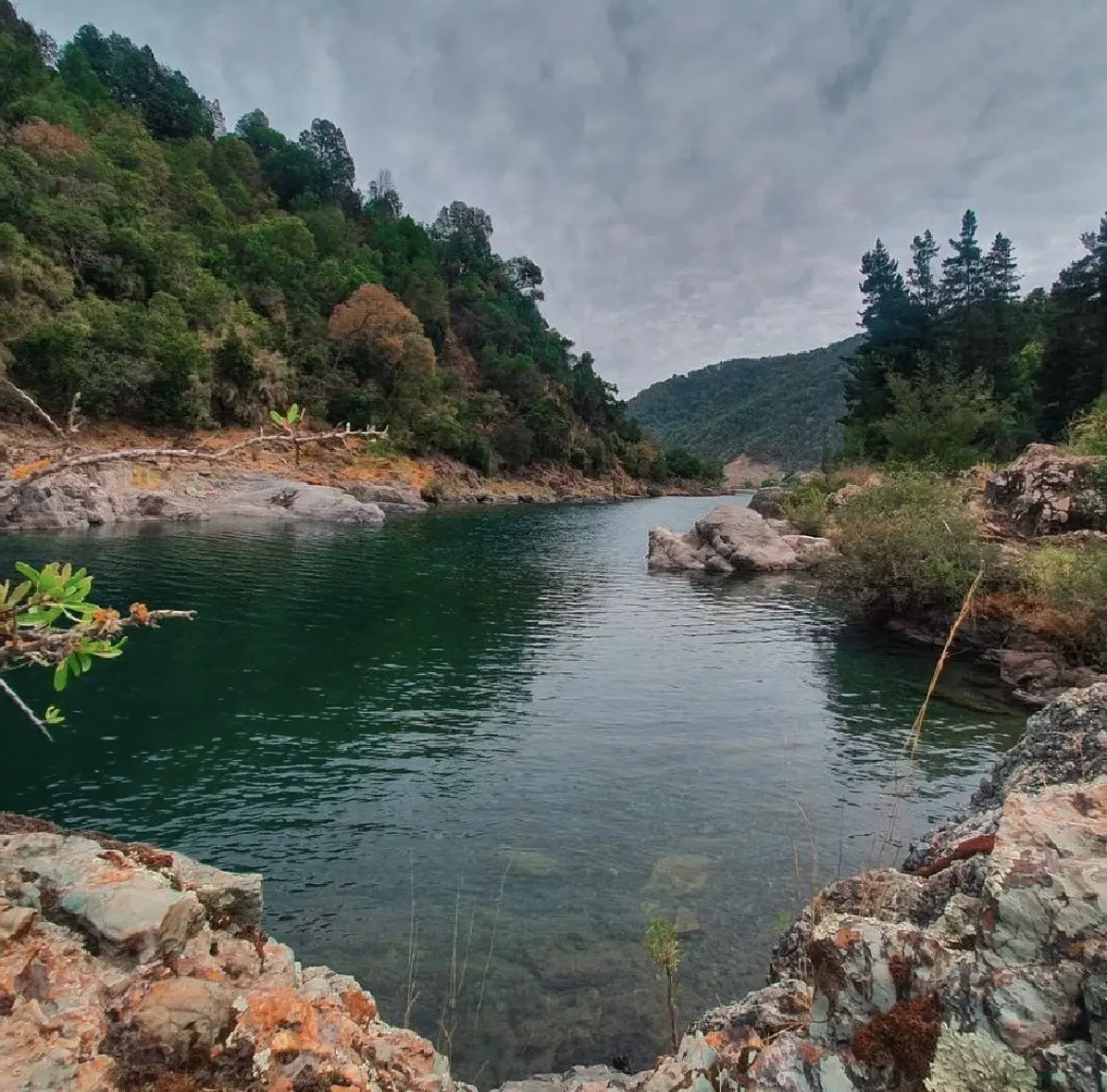 Río de aguas verdes con rocas y bosque en la orilla, un lugar típico para acampar en verano