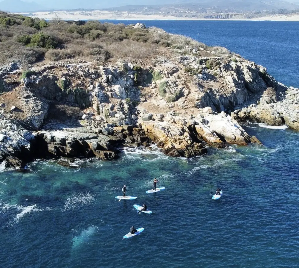 Personas practicando tabla de remo junto a una costa rocosa de aguas azules, vista desde arriba
